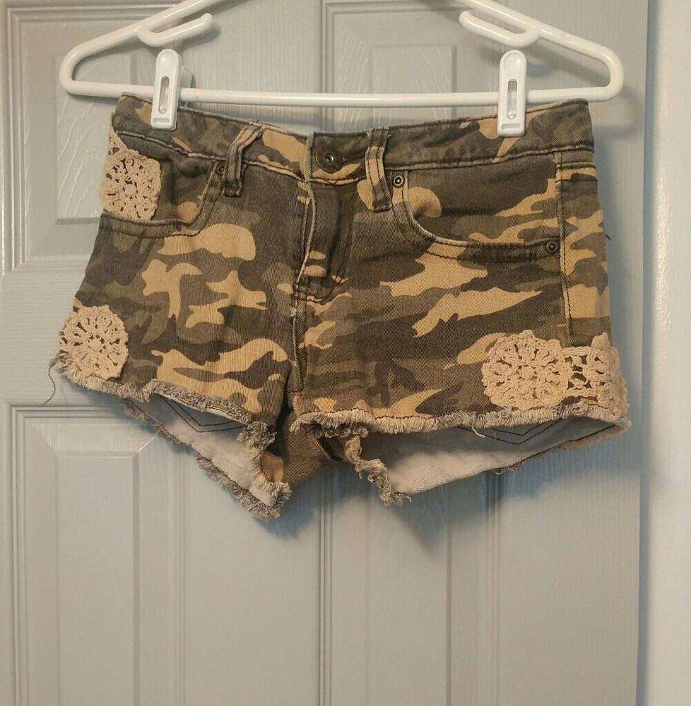 Camo Shorts with Crochet Detailing